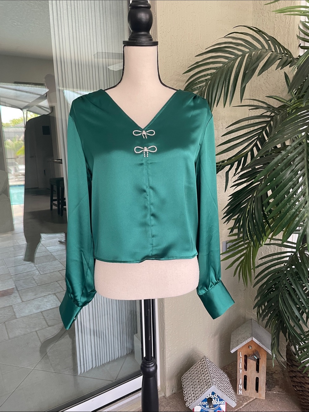 Rachel Zoe Emerald Satin V-Neck Blouse with Decorative Bows